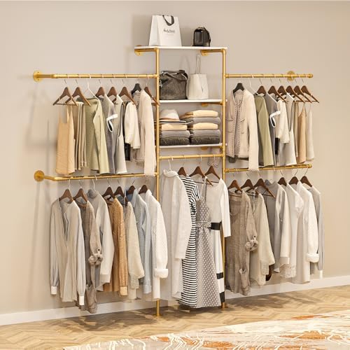 KaKaBB Heavy Duty Gold Pipe Clothing Rack - Wall Mounted Industrial Clothes R...