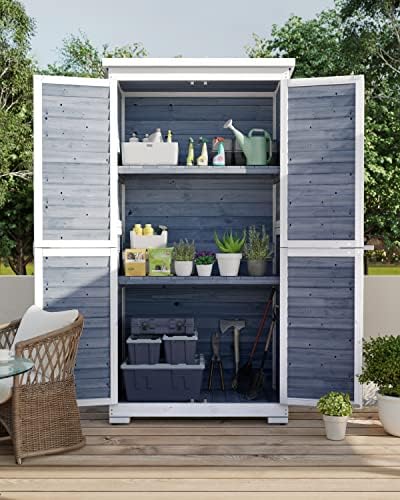 Gizoon Outdoor Storage Cabinet with 3 Shelves, Double Lockable Wooden Shed