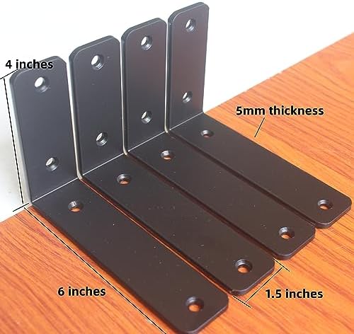12 Pack - L 6" x H 4" x W1.5, 5mm Thick Black L Shelf Bracket, Iron...