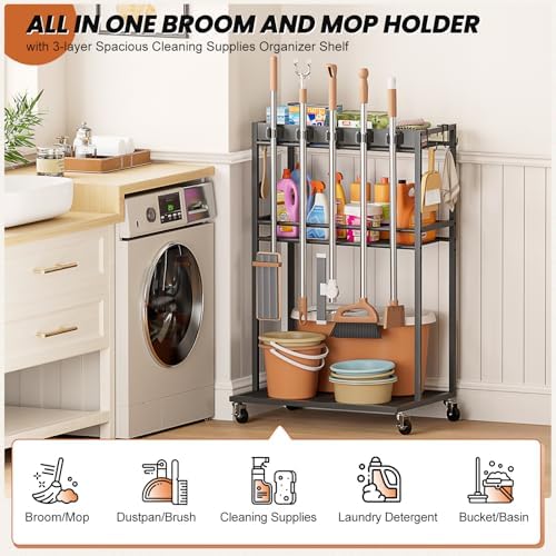 Broom Holder with Cleaning Supplies Organizer, Broom Closet Storage Cabinet w...
