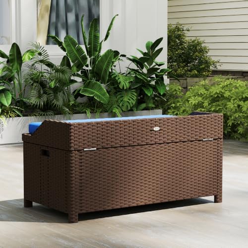 Outsunny 34 Gallon Outdoor Wicker Storage Bench Deck Box Blue