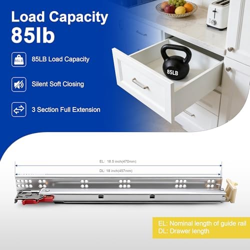 10 Pairs 18" Undermount Soft Close Drawer Slides, Bottom Mount Full Exte...