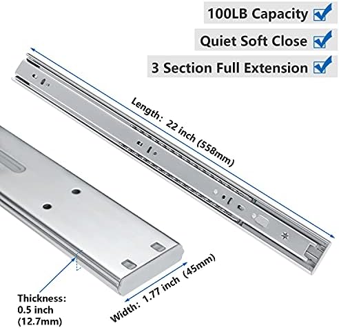 homdiy 10 Pair Soft Close Drawer Slides 22 Inch,Heavy Duty Side Mount Rails