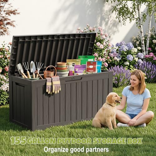 DRATO 155 Gallon Deck Box Waterproof Outdoor Storage Box with Wheels, Black