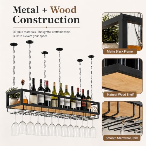 Ceiling Wine Glass Rack with Glass Holder, 31.4in Metal Hanging Bar Shelf