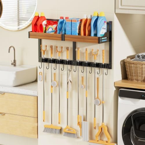 Broom Holder Wall Mount, Broom and Mop Organizer Wall Hanging with Shelf