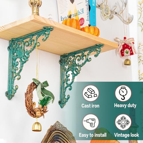 Sungmor Vintage Cast Iron Shelf Brackets - 2 Pack 7.7 Inch Rustic Green
