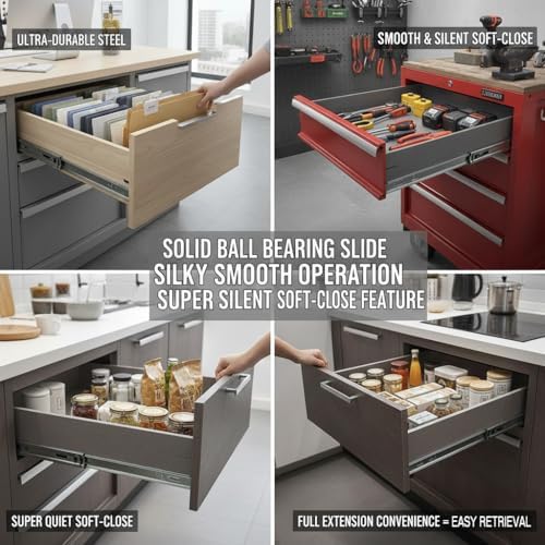 Soft Close 24" Drawer Slides, Full Extension Side Mount, 6 Pairs