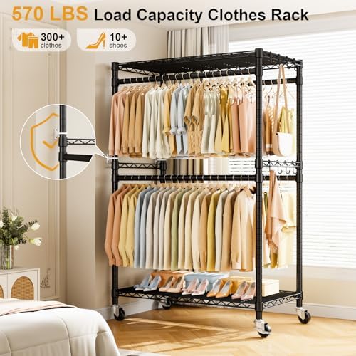 ULIFHOME Rolling Clothes Rack, Clothing Racks for Hanging Clothes, Black