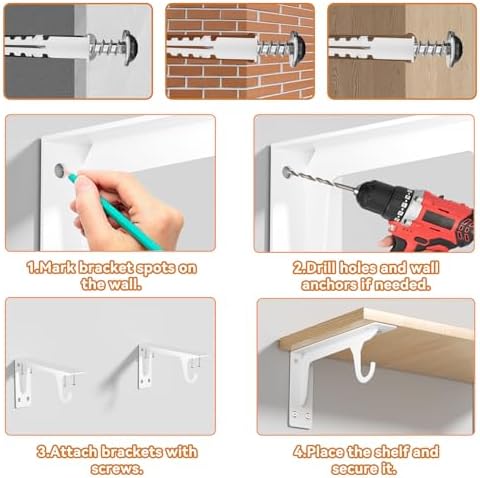 6 Pack Closet Rod Support Bracket Heavy Duty 11 x 4.8 Inch 300 lbs Capacity