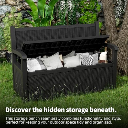 PatioZen 80 Gallon Outdoor Storage Bench Deck Box, Black
