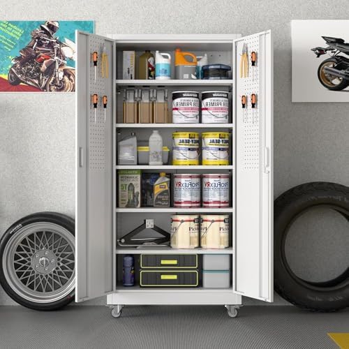 71"H rolling steel cabinet with 5 adjustable shelves, pegboard,White