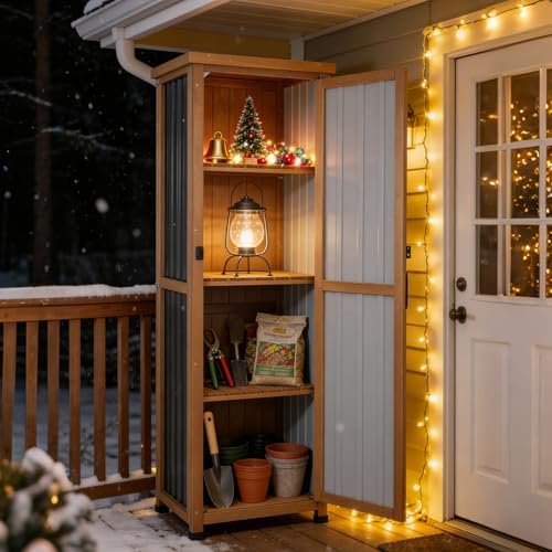 Outdoor Storage Cabinet, Wood & Metal Storage Shed with Weatherproof Roof...