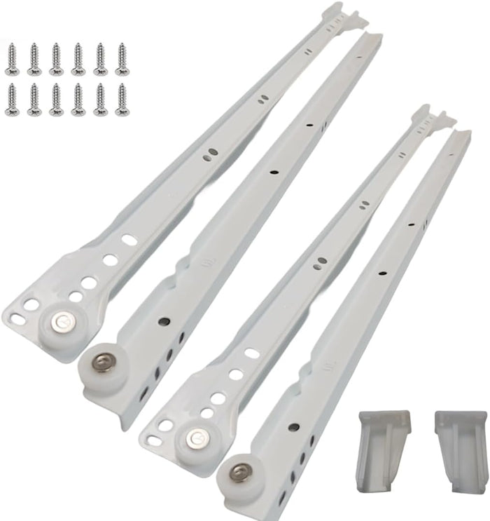 22 Inch Euro Slides, Pack of 2, for Face-Frame and Frameless Cabinets. 75lbs Capacity Cold Rolled Steel, Powder Coated. Choose Length by Drawer Box and not Cabinet Depth. Includes Brackets & Screws