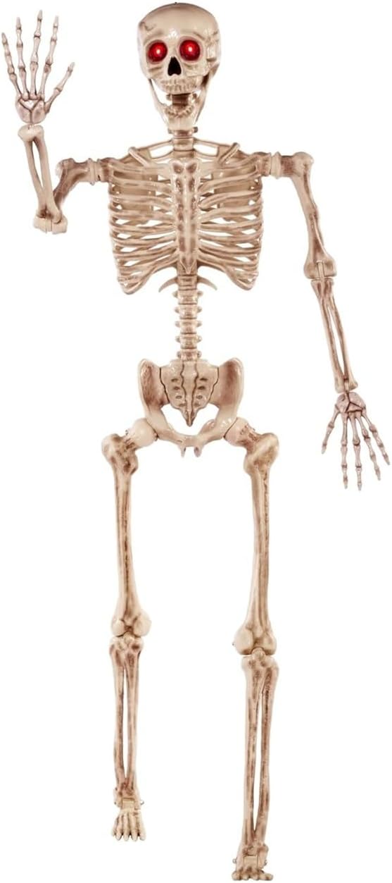JOYIN 5.6 FT Halloween Posable Skeleton Life Size with LED Red Glowing Eyes, Realistic Giant Skeleton Bones Full Body Movable Joints for Halloween Indoor Outdoor Decoration Props, Spooky Party Decor