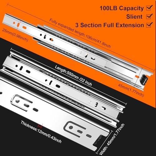 22 inch Drawer Slides 4 Pairs (8pcs) 3 fold Full Extension Side Mount Cabinet...