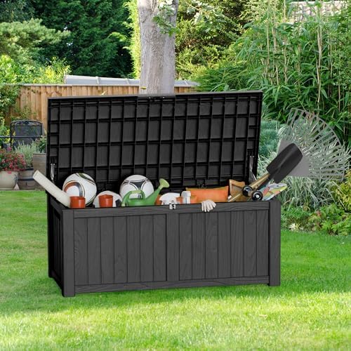 150 Gallon Outdoor Storage Box Patio Deck Box Waterproof, Resin Lockable Outs...
