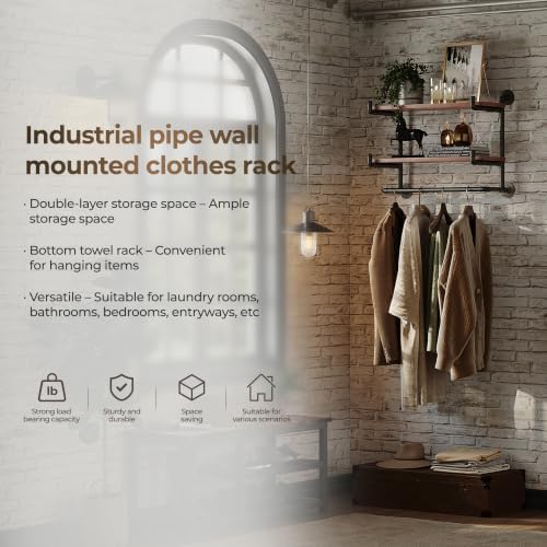 30in Industrial Pipe Clothing Rack, 2-Tier Wall Mounted