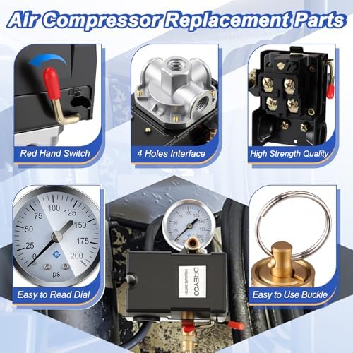 Dreyoo Air Compressor Pressure Switch,135-175 PSI, 4 Port, 20 Amp, 1/4 NPT