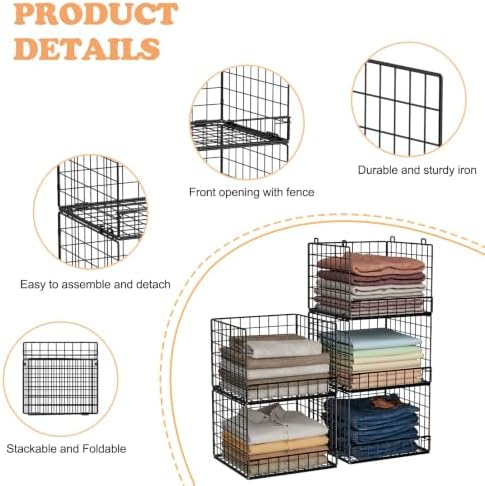 5-Tier Stackable Closet Organizers and Storage Baskets, Closet Shelf Organize...