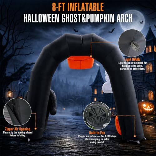8FT Halloween Inflatable Archway with Pumpkin & Ghost, Built-in LED