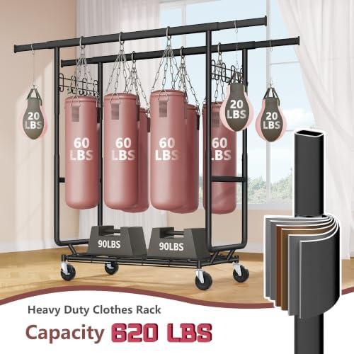 Hoctieon 2-Minute Assembly Double Rod Clothes Rack, Heavy Duty Rolling Clothi...