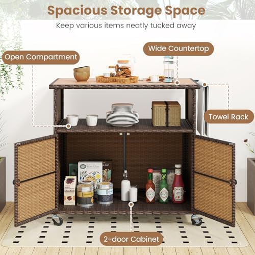 Tangkula Rattan Outdoor Storage Cabinet with 4 Wheels (Mix Gray)