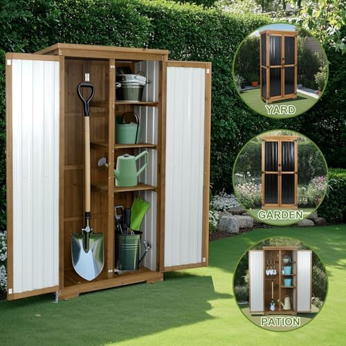 Outdoor Storage Cabinet with Shelf, Wood & Metal Storage Shed with Waterp...