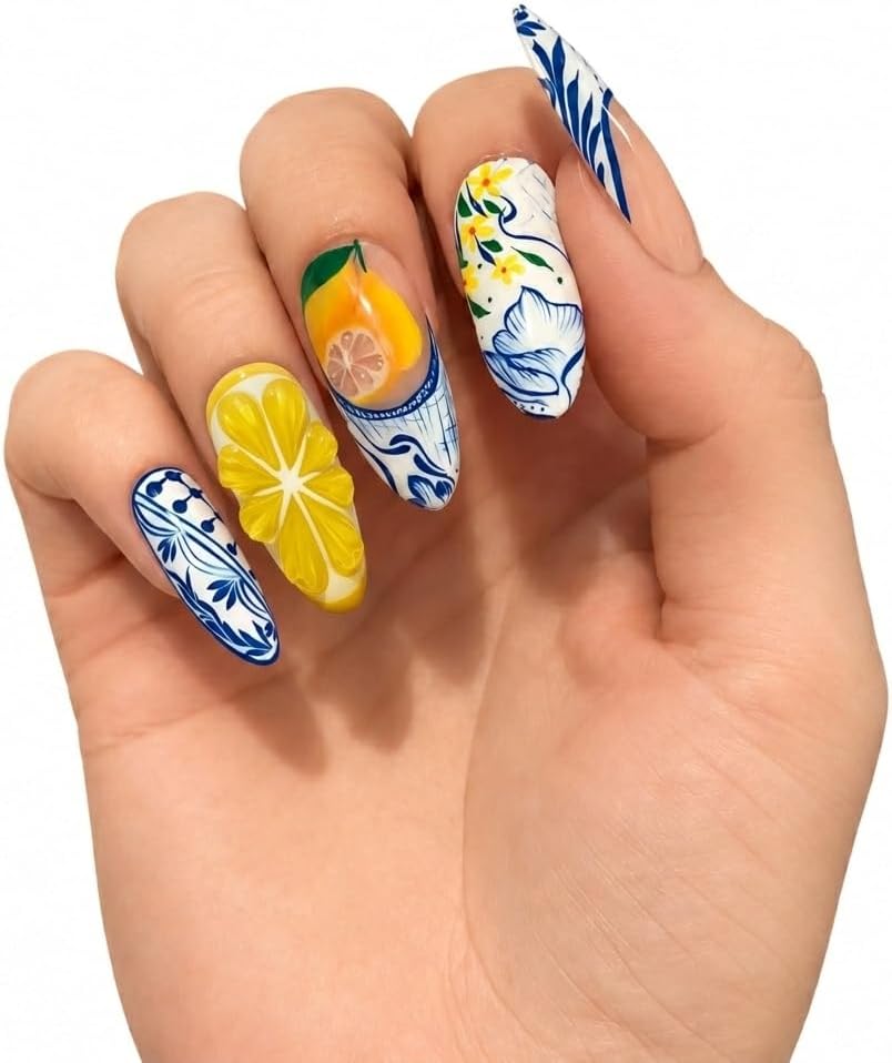 Handcrafted Press On Nails Italian Vacation Style Lemon & Blue Ceramic Pa...
