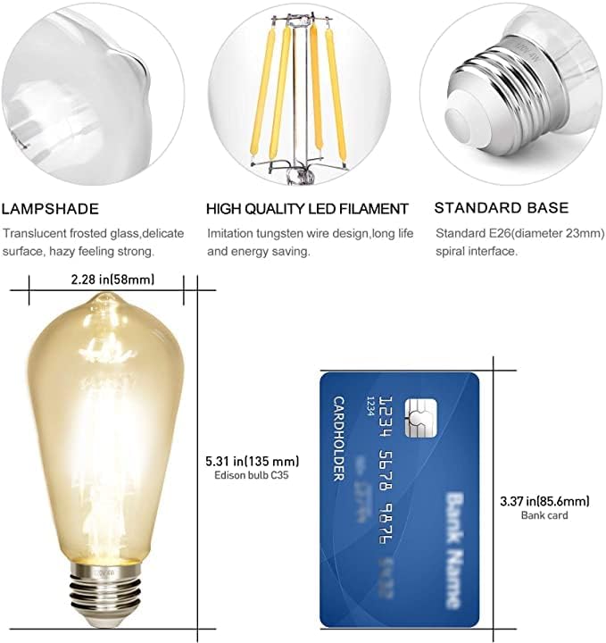 LED Edison Bulb 4W, Antique 40W Vintage Edison Bulb, E26 Light Bulb Non (Pack...