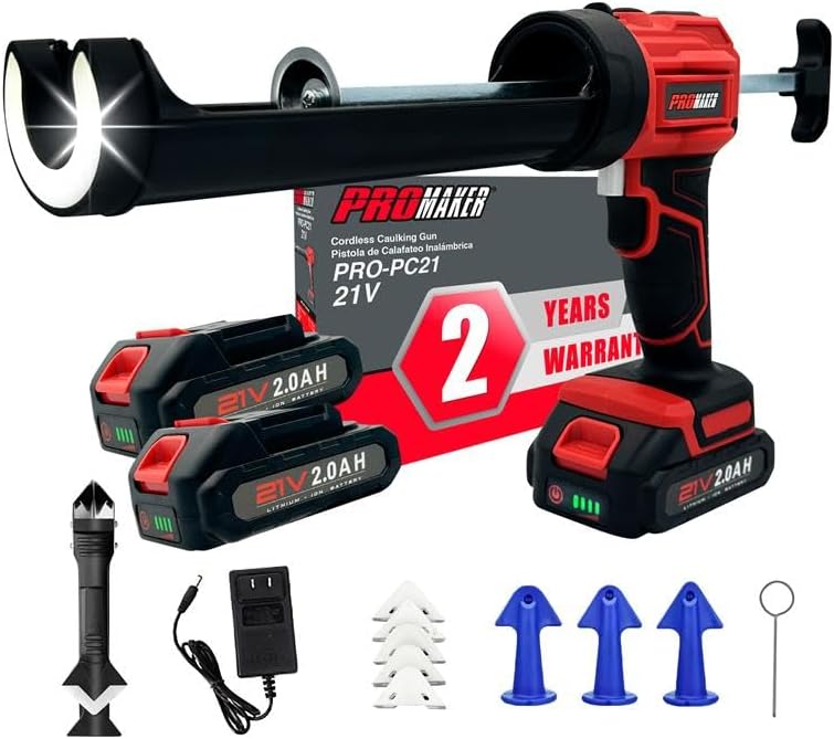 PROMAKER Cordless Caulking Gun, 21V Caulk gun w/ 2 Batteries, LED Light, Adju...