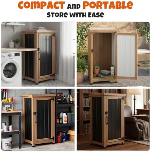 Small Outdoor Storage Cabinet, Wood & Metal Storage Shed with Weatherproo...