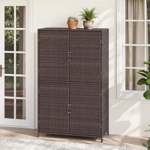 Tangkula Rattan Outdoor Storage Cabinet with 2 Adjustable Shelves
