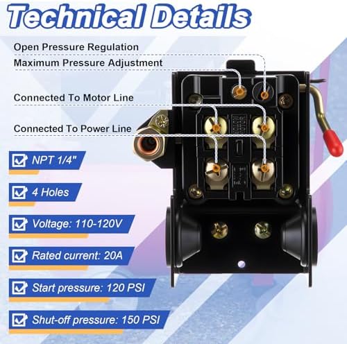 Dreyoo Air Compressor Pressure Switch, 120-155 PSI, 4 Port, 20 Amp, 1/4 NPT