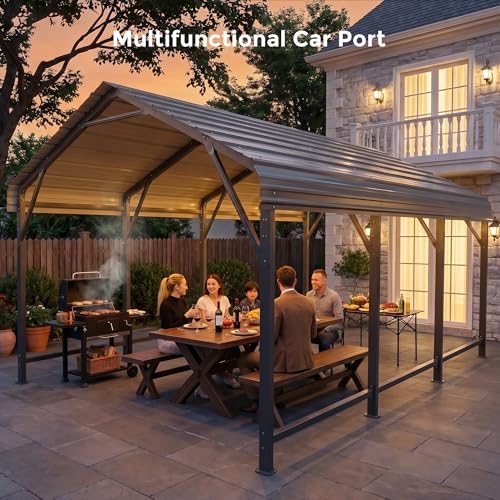 HOMSHADE 10x15FT Heavy Duty Metal Carport with 132° Steep Anti-Pooling Roof