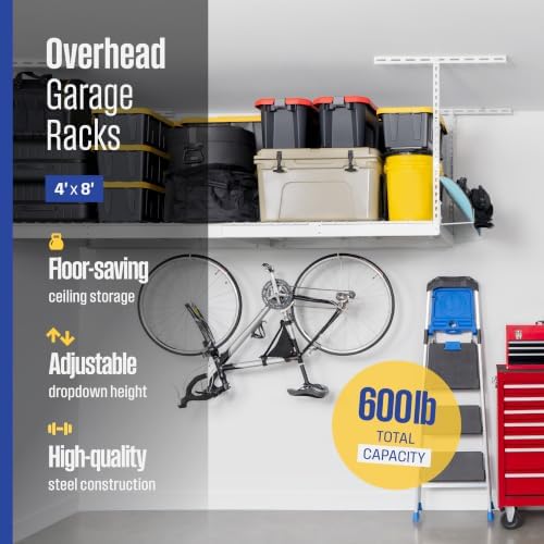 SafeRacks White 4x8 Overhead Storage Rack w/ 5-pc Hook Pack (12”-24" Drop)