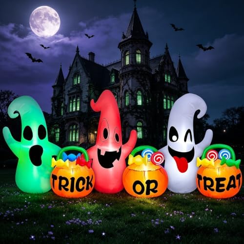 8 Ft Halloween Inflatable 3 Ghosts with Trick or Treat Pumpkin Candy Bags