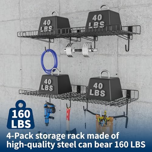 4 Pack Garage Wall Shelf, Wall Mounted Storage Shelves, Heavy Duty Metal Shel...