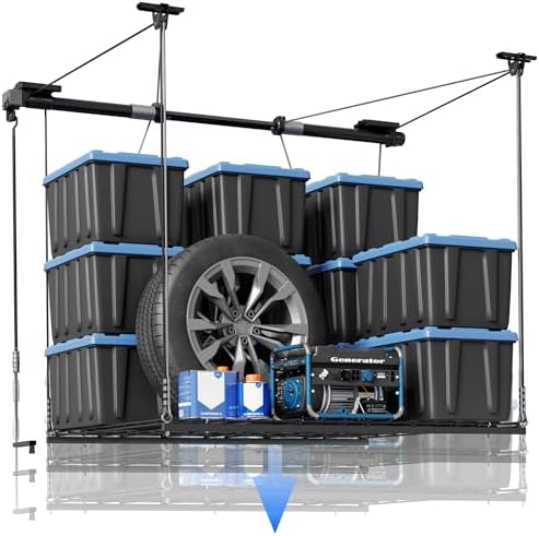 FLEXIMOUNTS Garage Lifting Metal Rack, 4x4 Ft Overhead Garage Storage Racks, ...