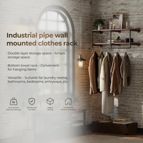 Industrial Pipe Clothing Rack with Top Shelf, Space-Saving Wall Mounted Cloth...