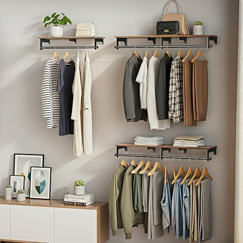 Luxspire 43.3" Wall Mount Clothes Rack with Wood Top Shelf Hanging Clothes