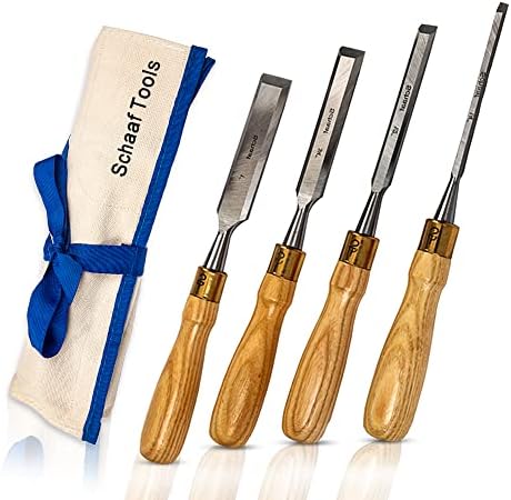 Schaaf Tools 4-Piece Wood Chisel Set for Woodworking, Cr-V 60 Steel Blades