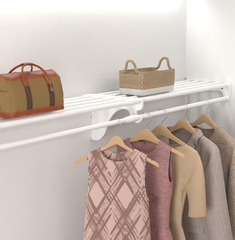 EZ SHELF - Hanging Shelf - Closet Rod - Expands 63.3-118” - White, Closet She...