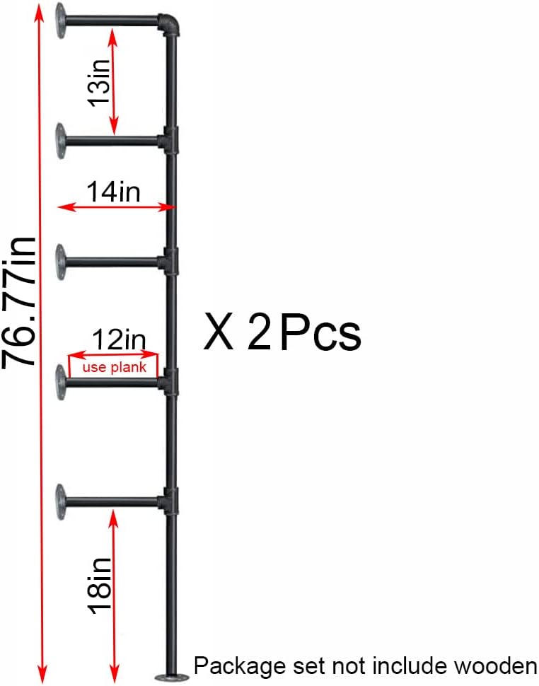 (77"Tall,14"Deep,2pcs) Industrial Retro Wall Mount Iron Pipe Shelf,...