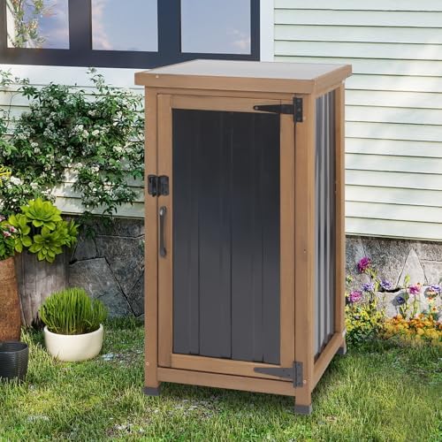 Small Outdoor Storage Cabinet Weatherproof, Wood Garden Potting Bench Table w...