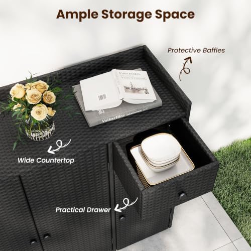 Tangkula Rattan Outdoor Storage Cabinet with 2 Adjustable Shelves