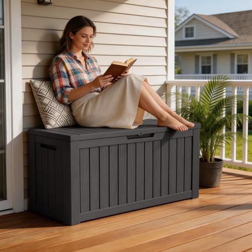 Mars Villa 90 Gallon Outdoor Storage Box, Deck Box Waterproof, Black