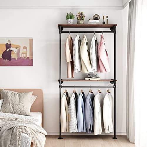 DR.IRON Industrial Pipe Clothing Racks with 2 Tier Shelves, Wall Mounted Blac...