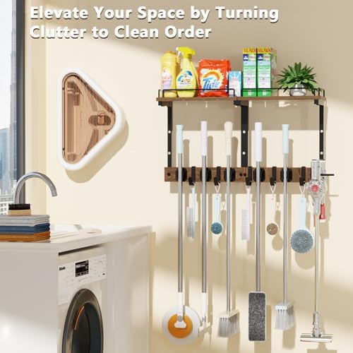 Broom and Mop Organizer Wall Hanging with Cleaning Supplies Organizer,Brown