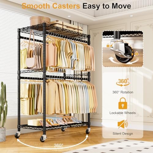 ULIFHOME Rolling Clothes Rack, Clothing Racks for Hanging Clothes, Black